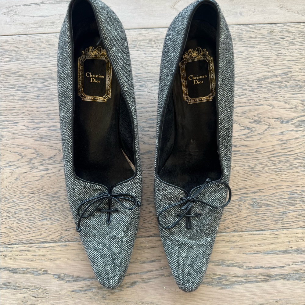 Christian Dior Women's Black and Gray Tweed Heels with Bow